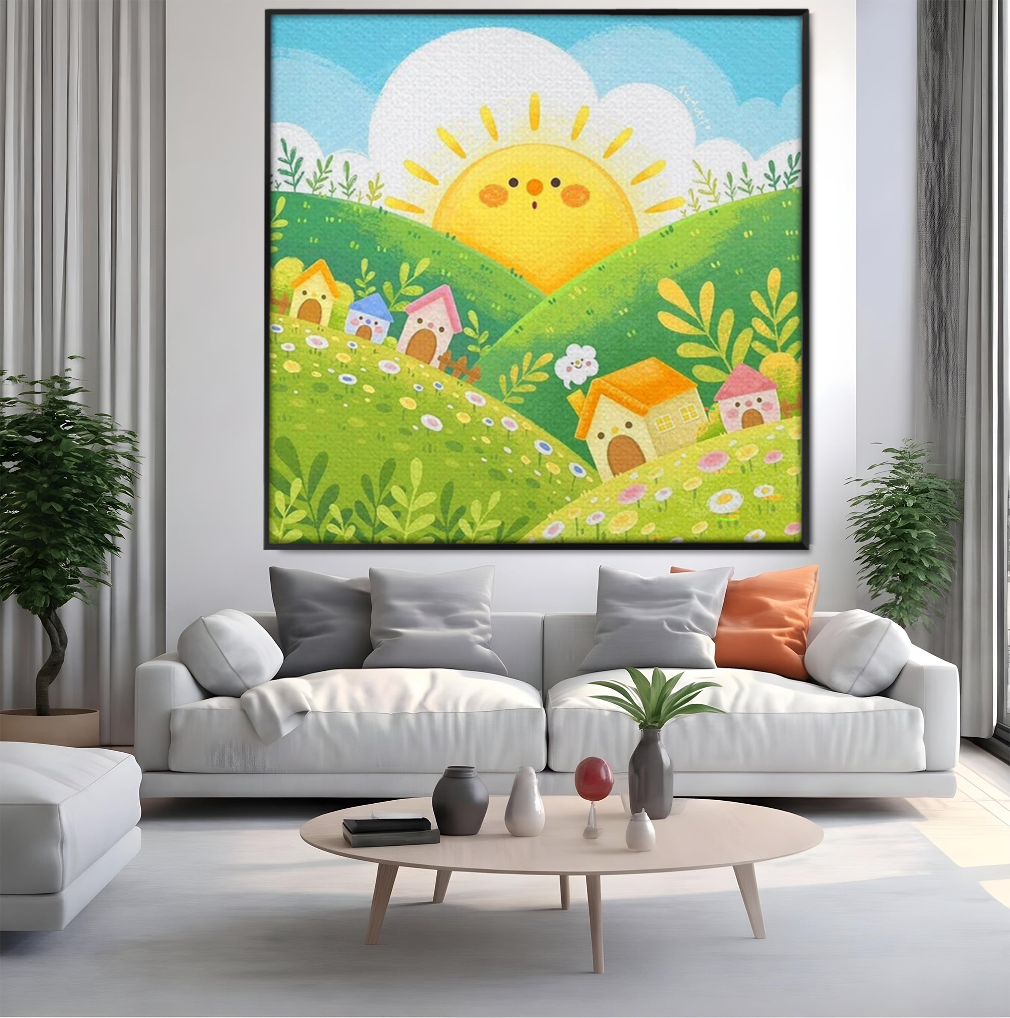 Tablou canvas cu ilustratie cu soare zambitor si casute, in rama de aluminiu negru, pe perete intr-un living